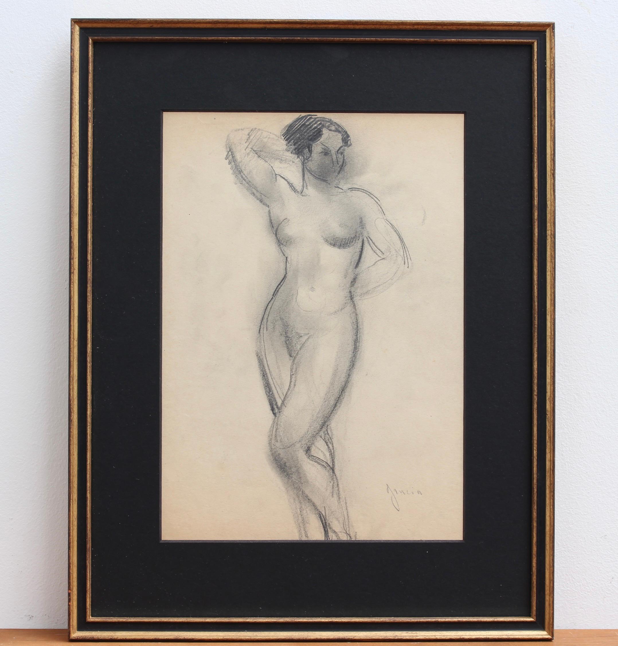 'Portrait of Posing Nude', pencil on art paper, by French artist, Guillaume Dulac (circa 1920s). An artist known for his exquisite drawings - many are sketches for his larger oil paintings or other works - this piece is compelling because its image