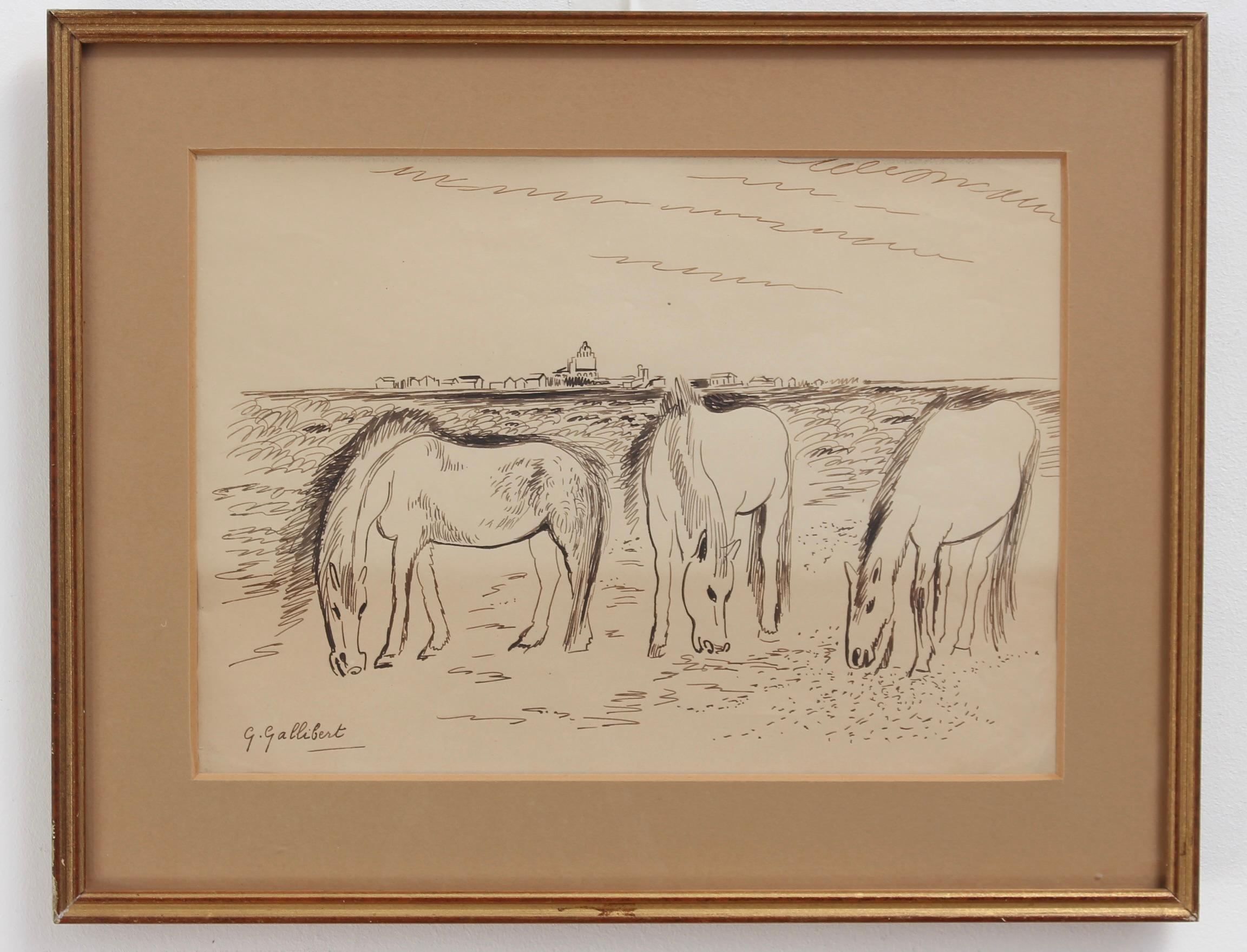 Grazing Horses in the Camargue - Art by Genevieve Gallibert