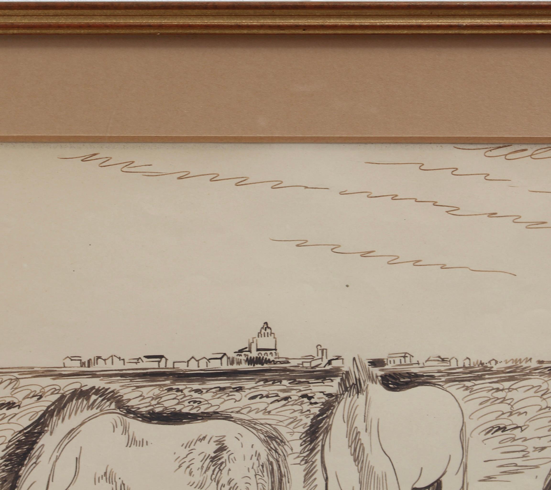 'Grazing Horses in the Camargue', pen and ink on paper, by Genevieve Gallibert (circa 1930s). Like her famous French counterpart, Yves Brayer, Gallibert was also known for her artworks depicting the landscapes, wildlife and people of the Camargue