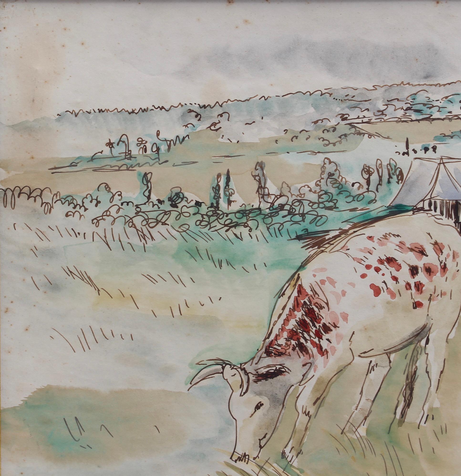 'Grazing Cattle in Normandy', watercolour on paper, by Genevieve Gallibert (circa 1930s). The artists captures a tranquil scene in Vallée d'Auge, Normandy, which has a typical landscape of the area known for its dairy and apples. It is particularly