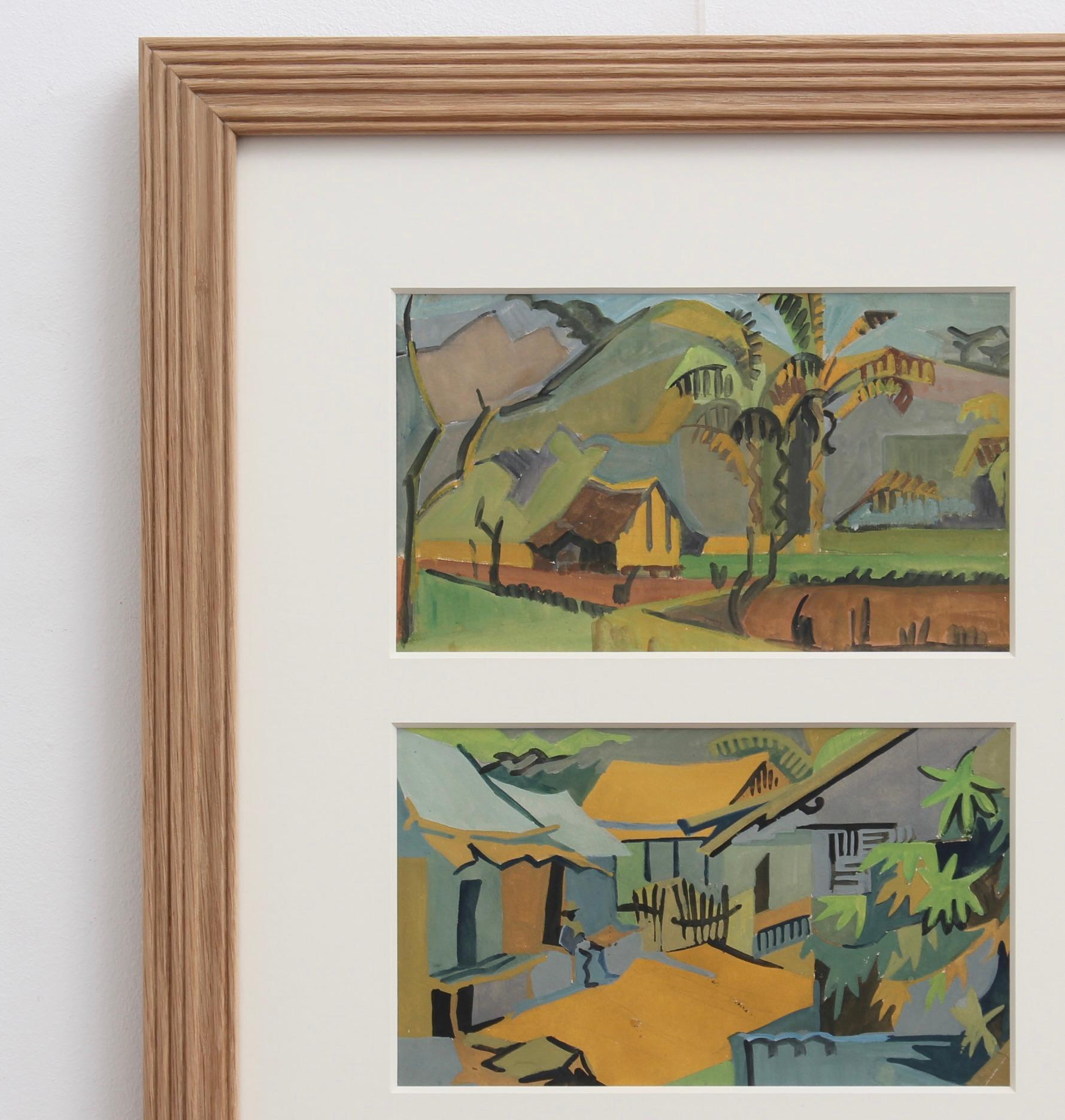 'Views of Madagascar', gouache on paper, French School (circa 1960s). The artist depicts two views of Madagascar in a charming and naive style. The first, a farm and its fields with a significant verdant elevation in the background. The second, a