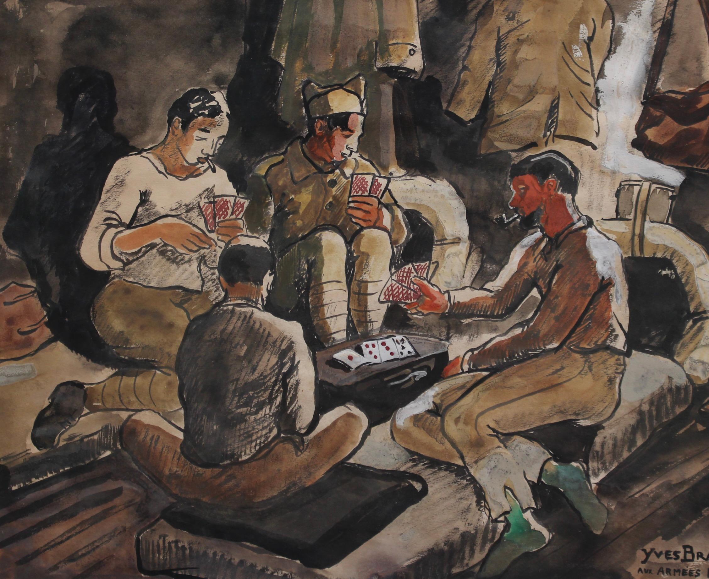 'Soldats jouant aux cartes', aquarelle et gouache sur papier d'art, par Yves Brayer (1939). Cette image atmosphérique, réalisée par le célèbre artiste français et voyageur du monde, Yves Brayer, capture un moment de repos pour des soldats jouant aux