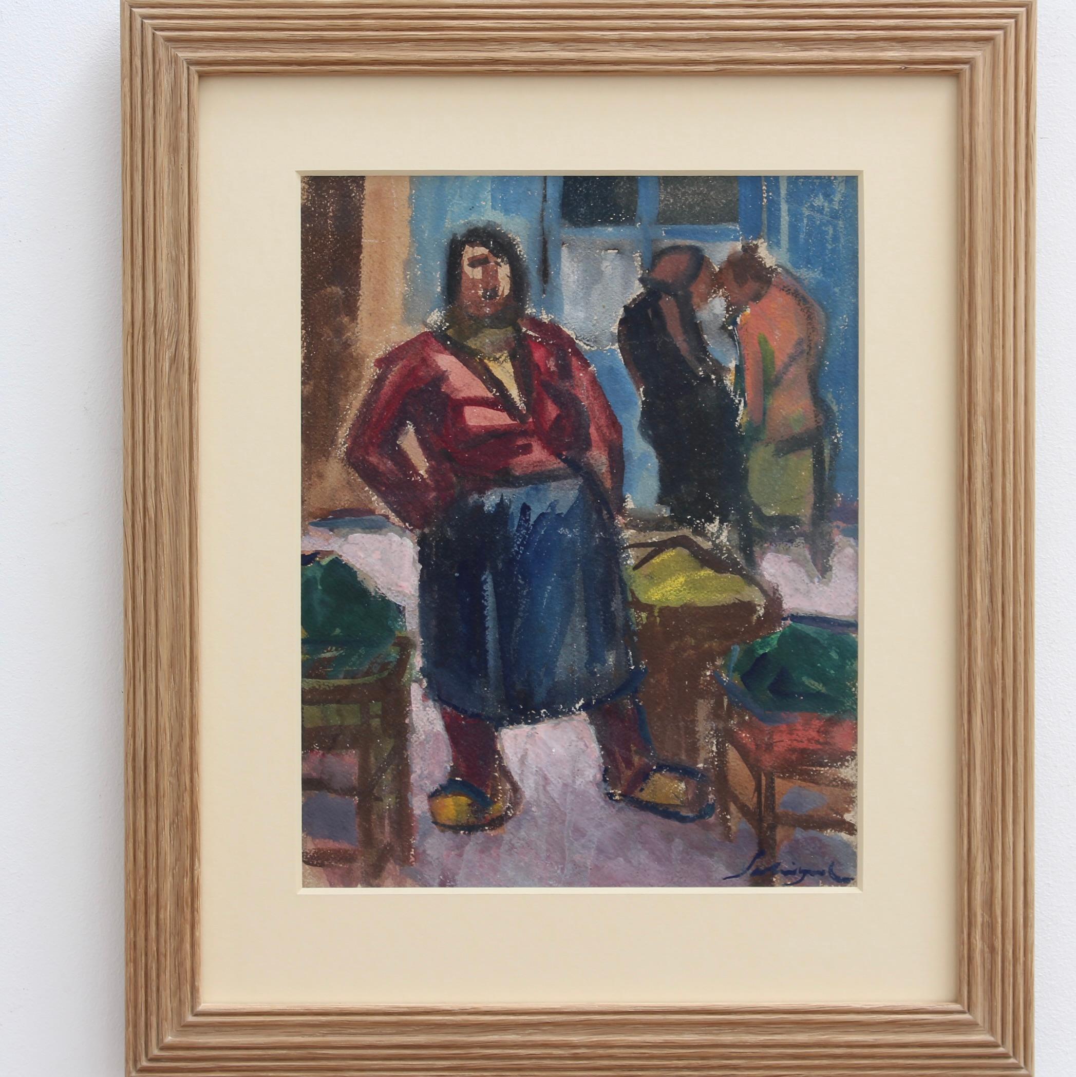 'The Market Seller in Nice', gouache on paper, by Alfred Salvignol (circa 1950s). The role of women as support to their families has been both very important and highly undervalued by small communities in those days. This engaging artwork pays