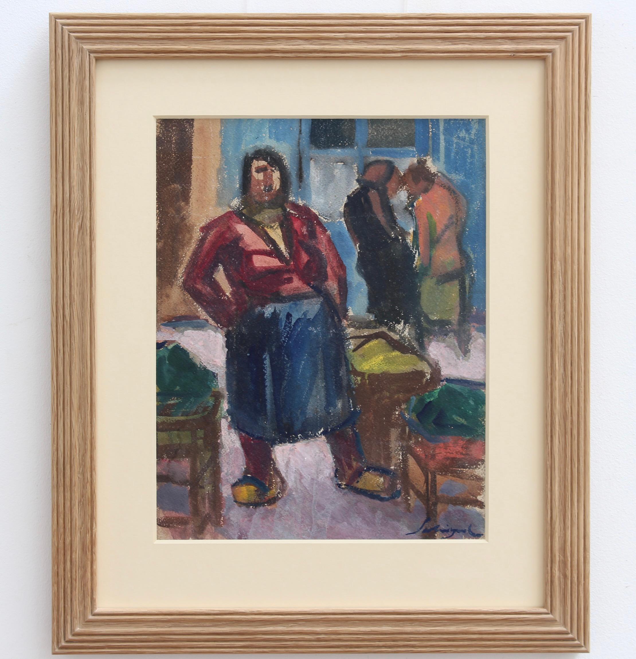 'The Market Seller in Nice' French Vintage Gouache Painting For Sale 2