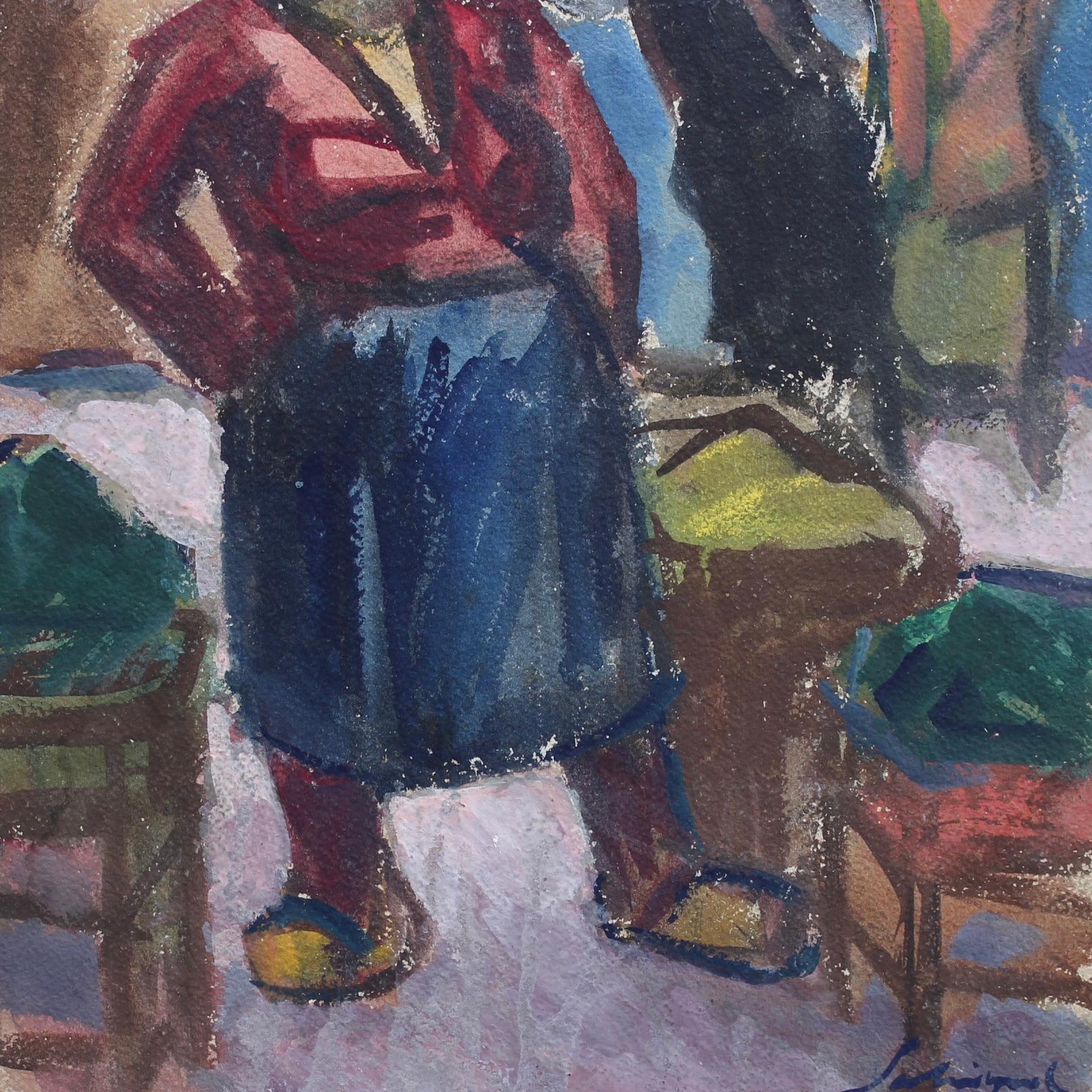 'The Market Seller in Nice' French Vintage Gouache Painting For Sale 8