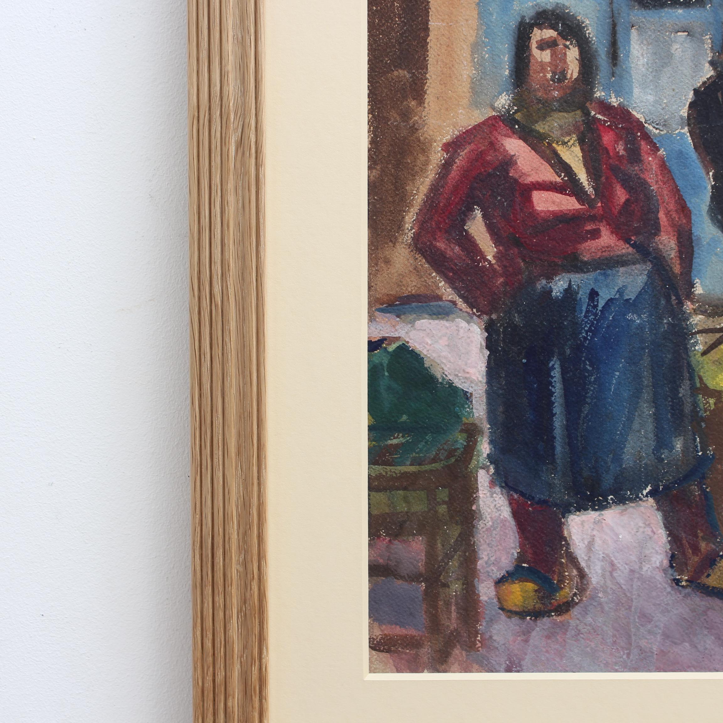 'The Market Seller in Nice' French Vintage Gouache Painting For Sale 7