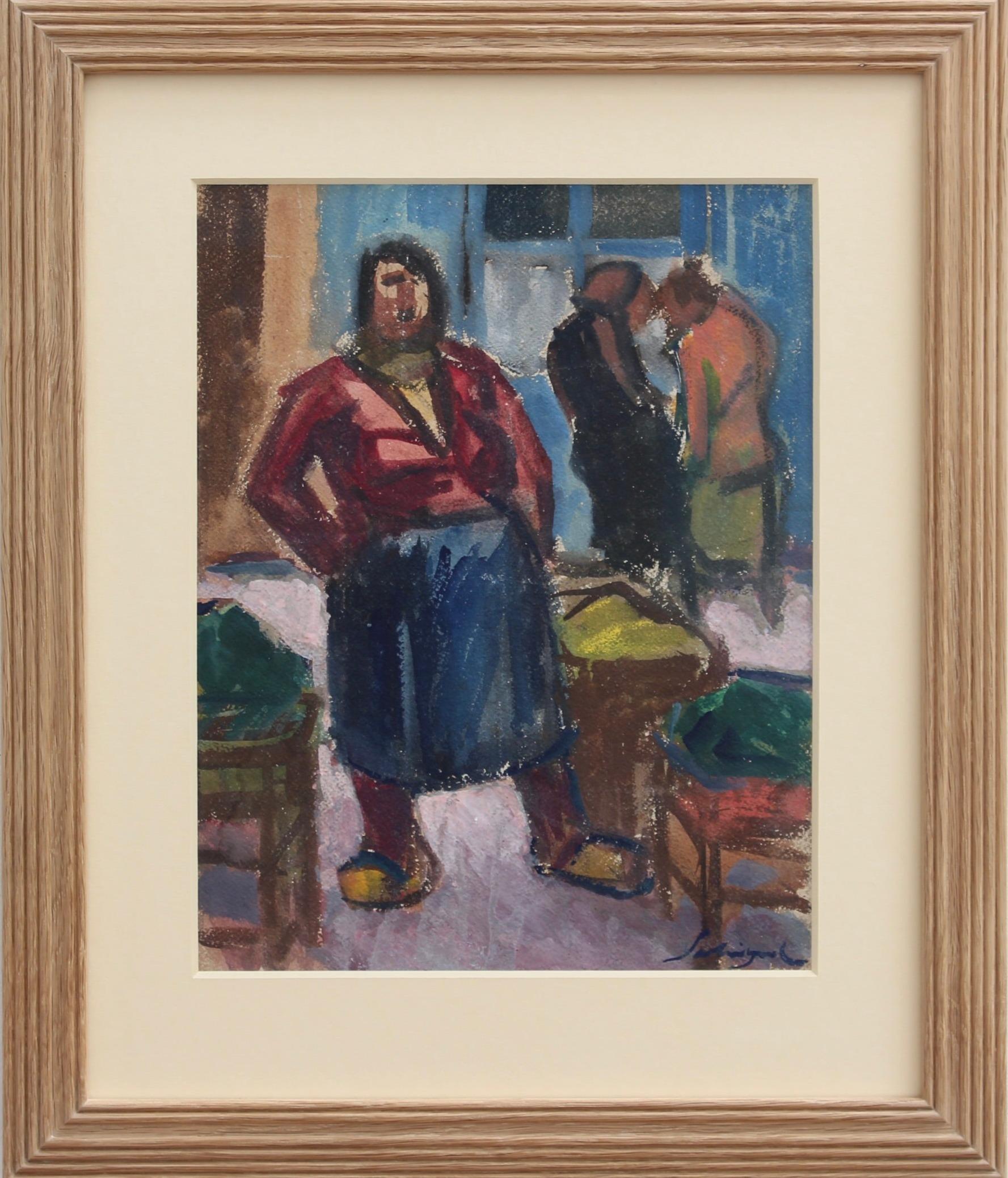 Alfred Salvignol Portrait Painting - 'The Market Seller in Nice' French Vintage Gouache Painting