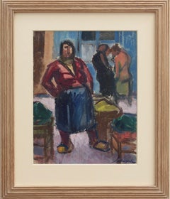 'The Market Seller in Nice' French Vintage Gouache Painting