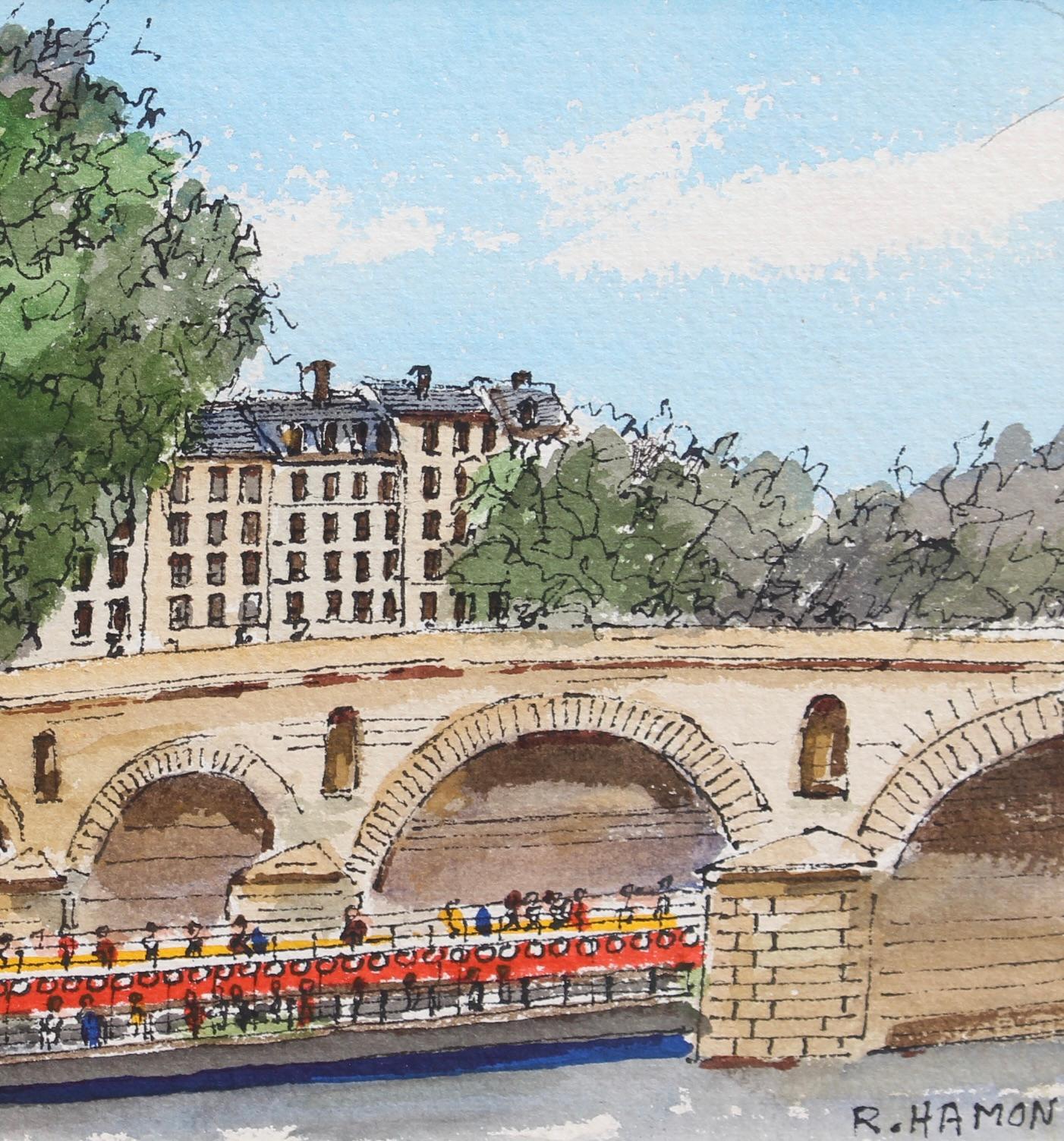 'The Pont Marie and Bateau Mouche' in Paris - Gray Figurative Art by Roland Hamon