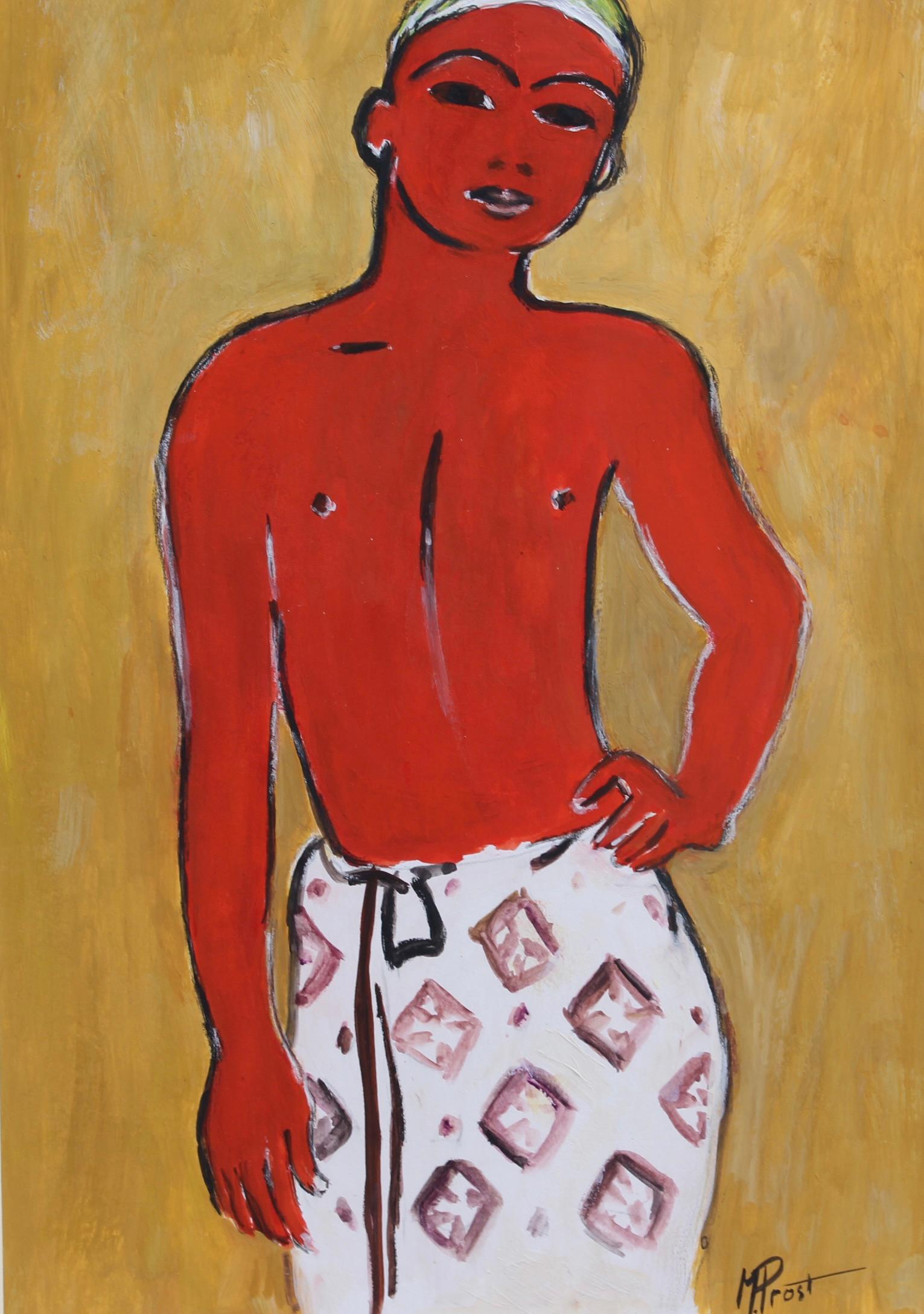 'Young Man in Sarong', gouache and ink on paper, by French School artist, M. Prost (circa 1950s). Discovered in Paris, this colourful depiction of a young man wearing a traditional sarong is absolutely charming. Not knowing exactly where this type