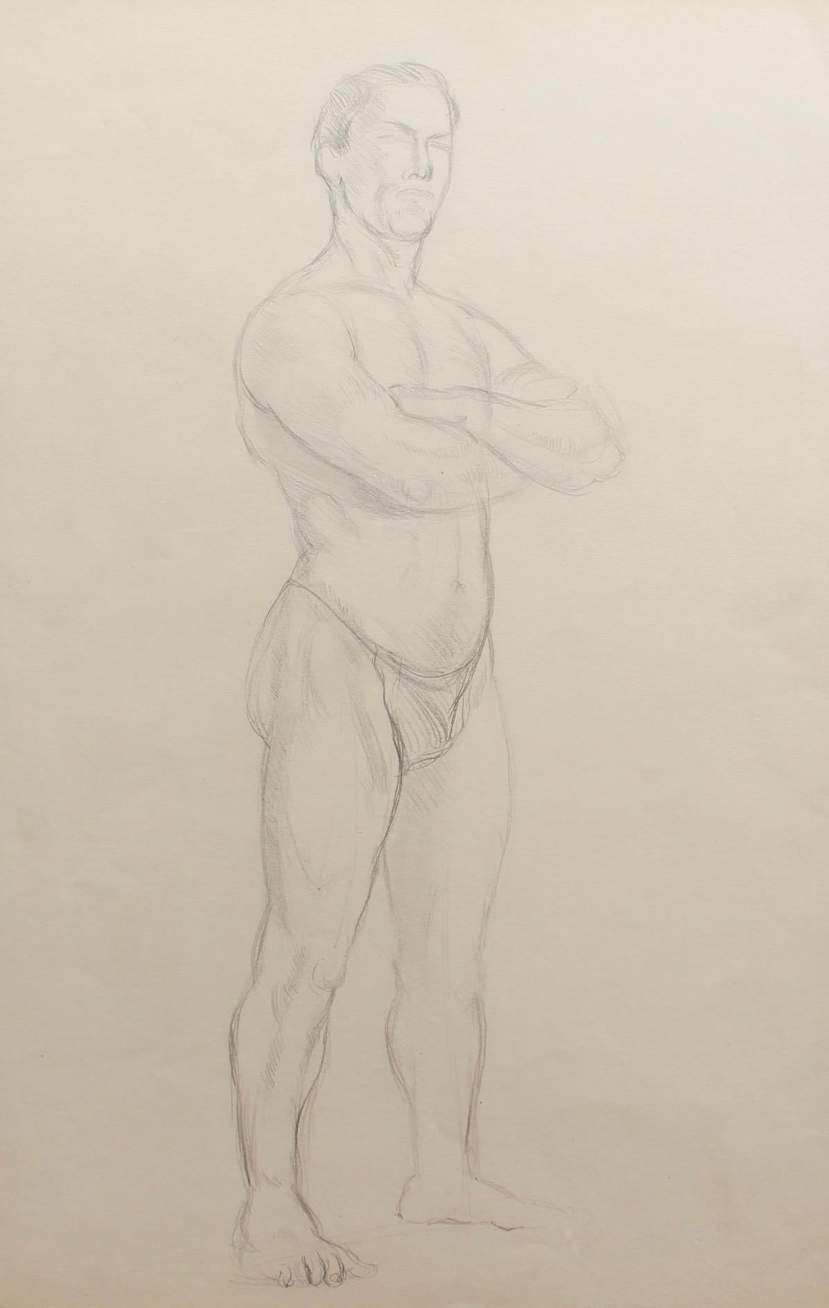Muscular Man Pencil Drawing by Bernard Sleigh RBSA (circa 1900-1920) For Sale 1
