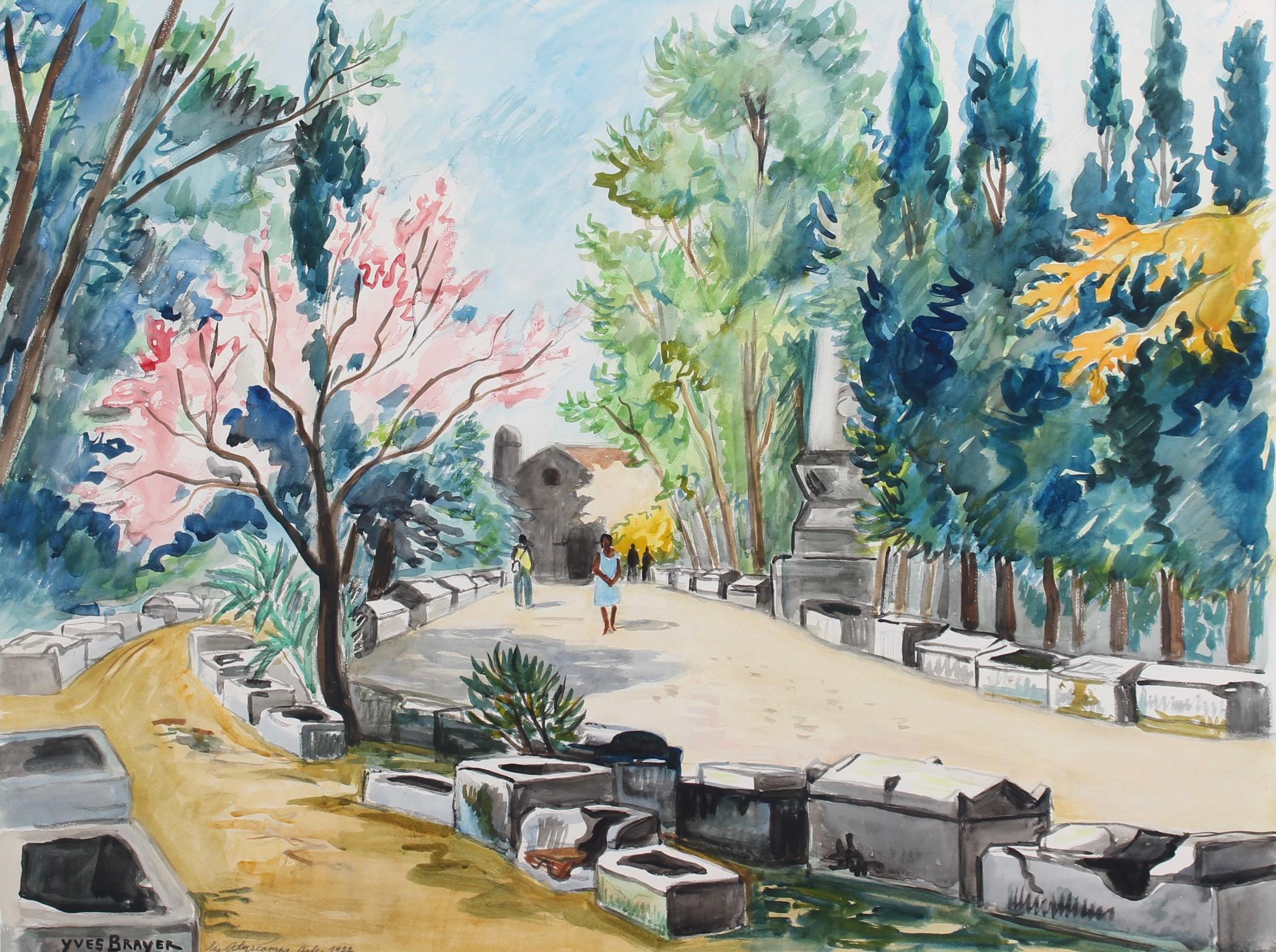 Les Alyscamps Arles, aquarelle sur papier d'art, par Yves Brayer (1977). Ce terme trouve son origine et son lien avec les Calle, également appelés Elysium, qui sont la dernière demeure des âmes des héroïques et des vertueux dans la mythologie et la