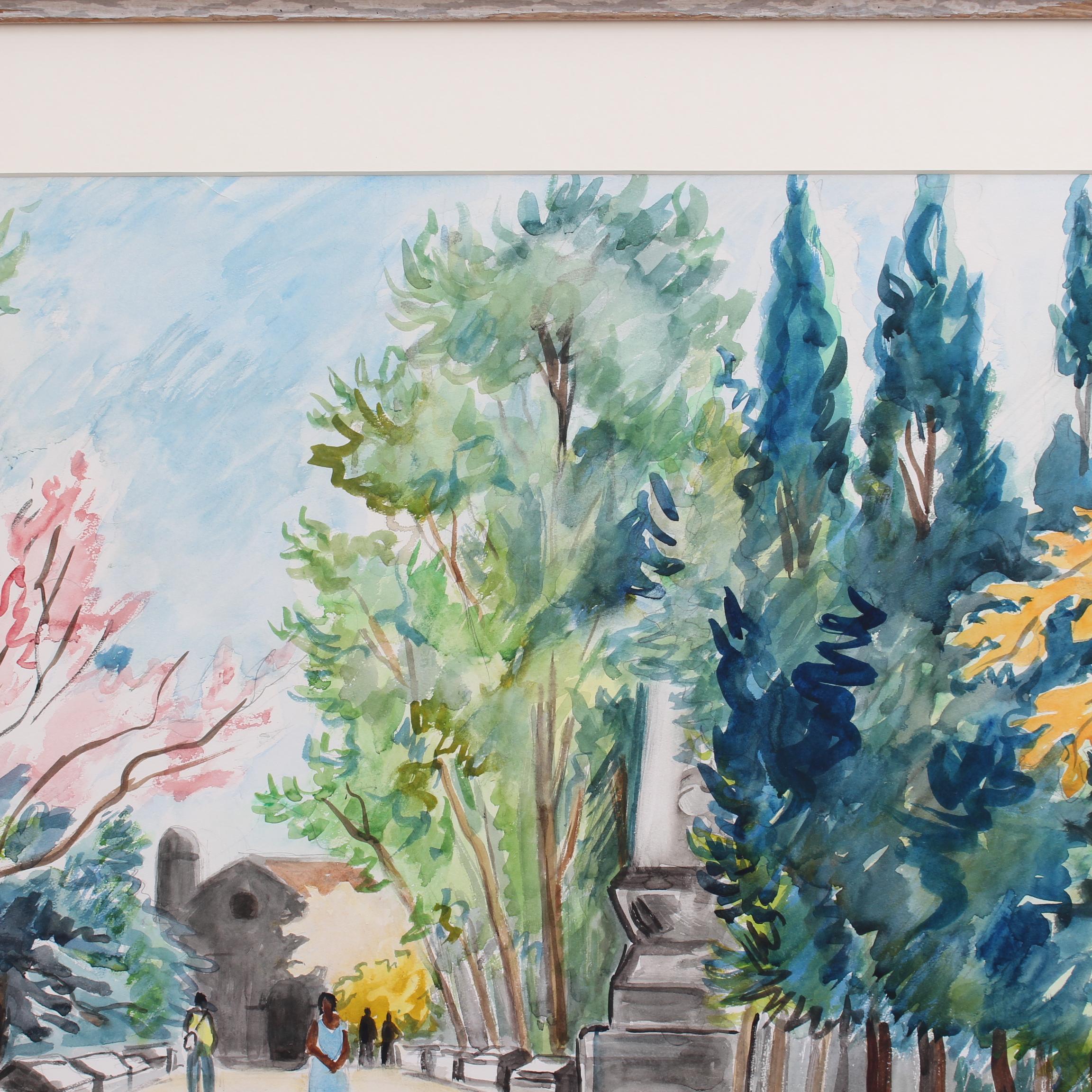 « Les Alyscamps Arles » d'Yves Brayer, grande peinture à l'aquarelle en vente 5