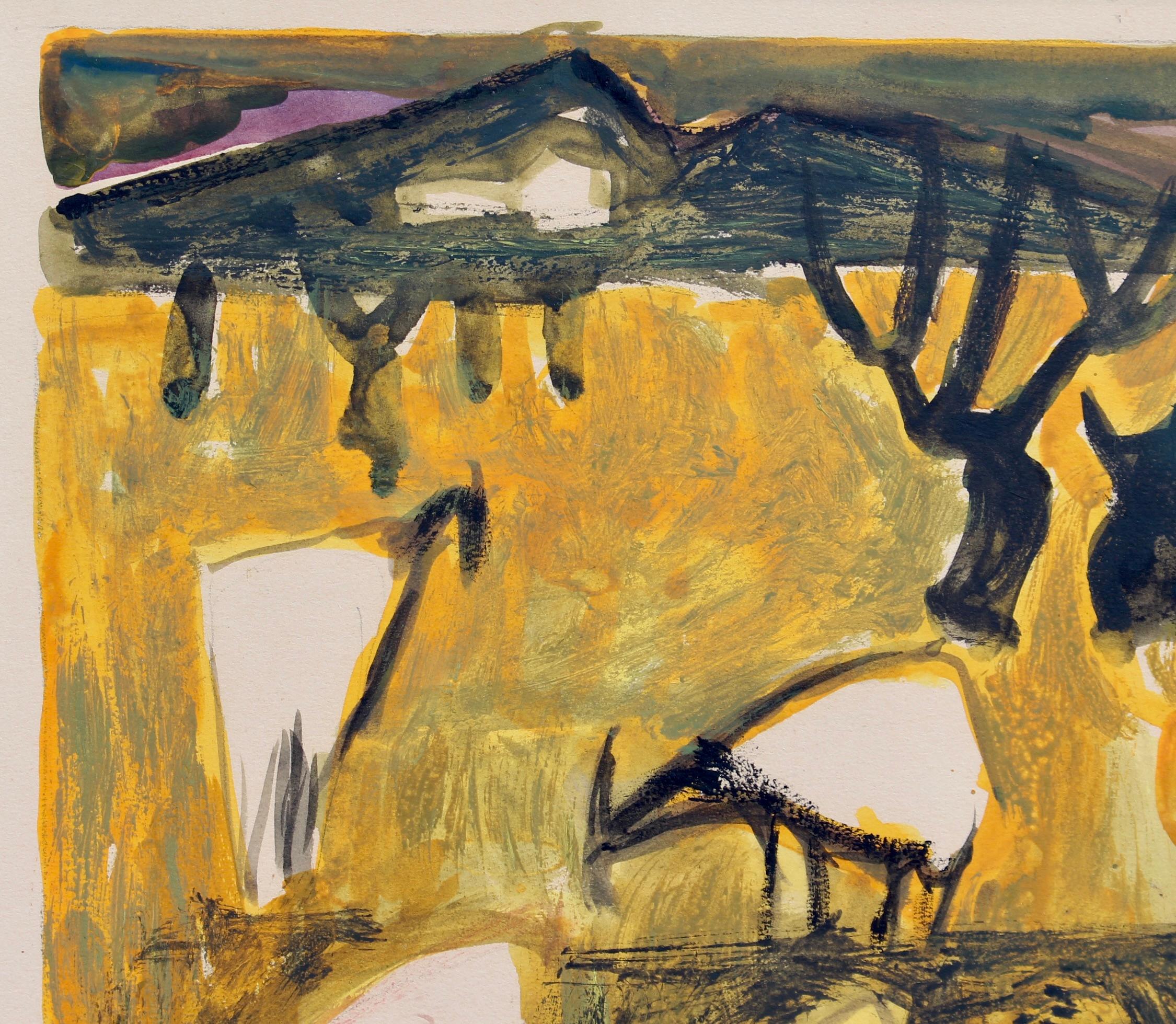 'Landscape with Man and Goats', gouache on paper, by Raymond Guerrier (circa 1960s). After the artist moved from Paris to the South of France, he started painting landscapes illuminated by the renowned Provencal light which inspired so many artists