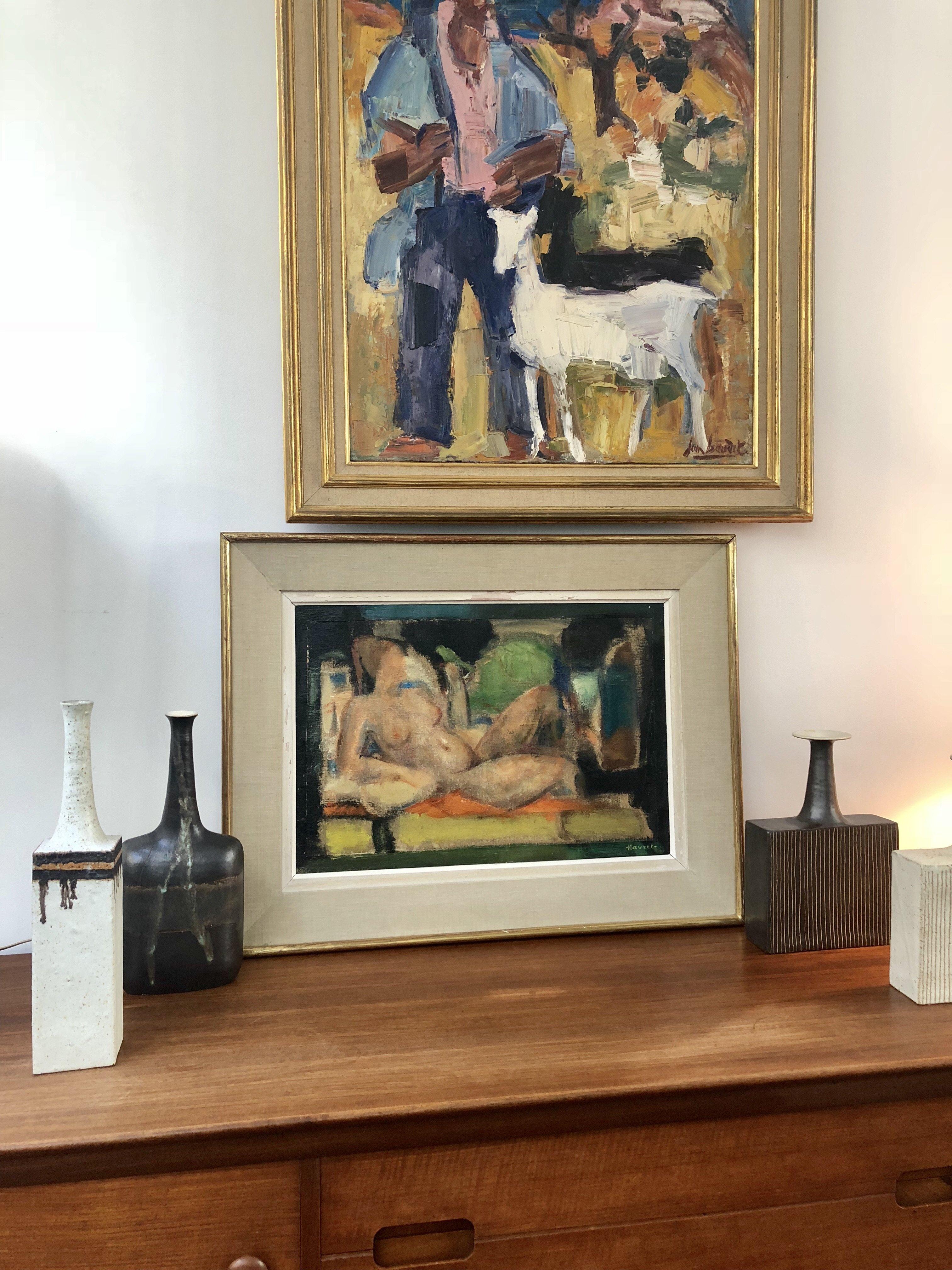 'Reclining Nude with Parakeet' oil on canvas (circa 1950s). An impressionist portrait of a classically posed reclining nude with her beloved parakeet. Sumptuous muted colours which have aged so gracefully add character to this very characterful work