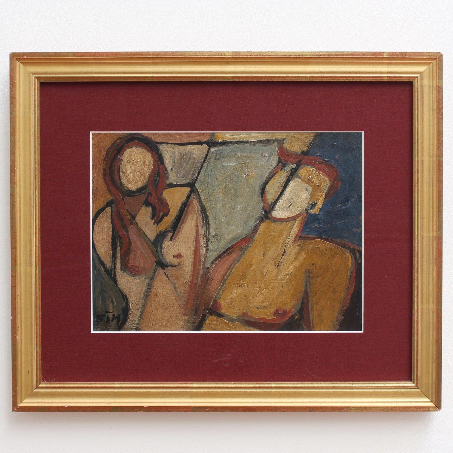 'Portrait of Man and Woman' by STM, Mid-Century Modern Cubist Nude Oil Painting 1