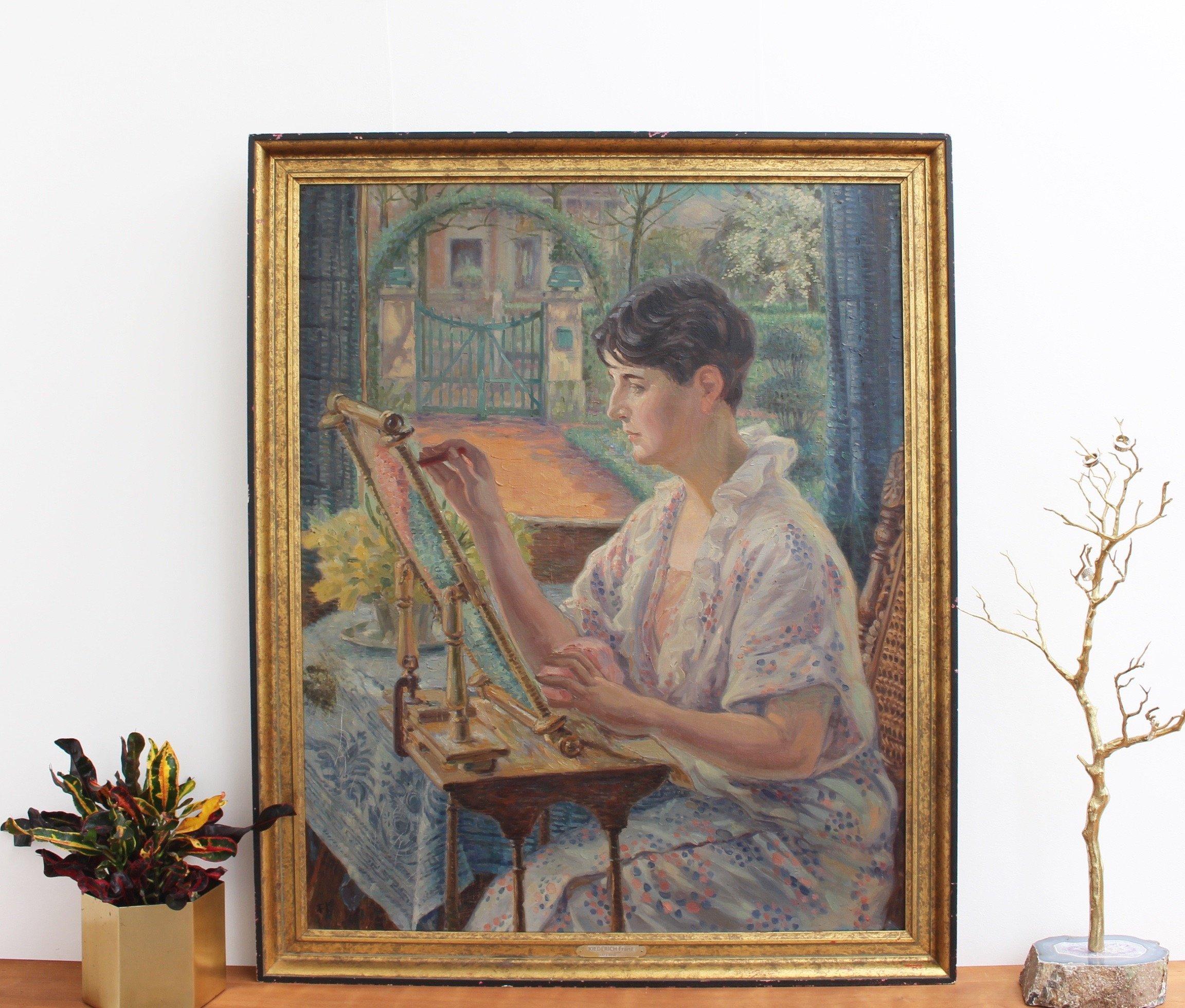 Woman by the Window mit Stickereirahmen (Post-Impressionismus), Painting, von Franz Ludwig Kiederich