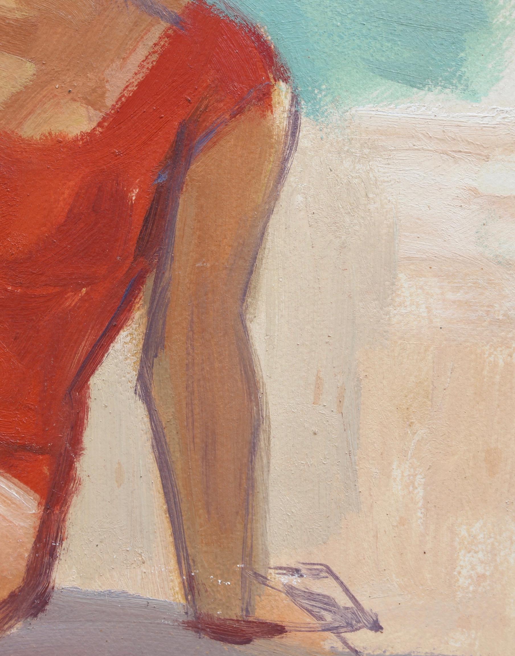 'The Bather', oil on board, by Jean Rudel (circa 1950s). A young woman sits on the sandy Mediterranean beach in the South of France in her vivid red bathing costume. WIth her, are the blue sky, the sea and the pure bliss of contact with the fine