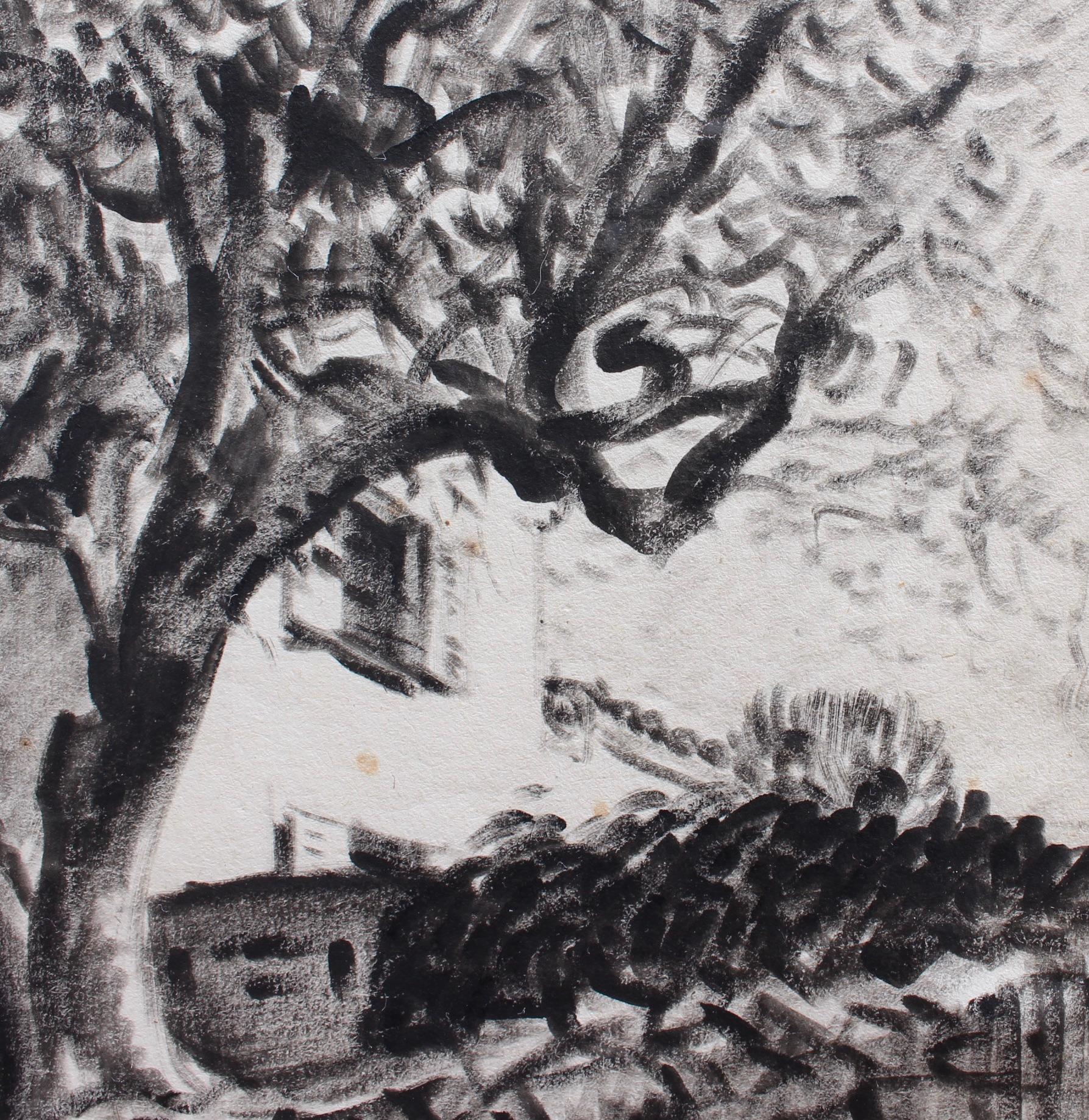 'The Olive Tree Behind the Stone Wall', ink on art paper, by Pierre Dionisi (circa 1930s). Sepia-toned, original drawing in a compelling style depicts a charming scene with a line of olive trees fronting a traditional Provençal home. Provence,