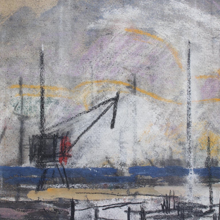 'The Port of Nice', pastel on paper, by Alfred Salvignol (1951). The simple boats and maritime cranes in this painting belie the glamour normally associated with Nice and the French Riviera in general. In this depiction, a fisherman or port worker