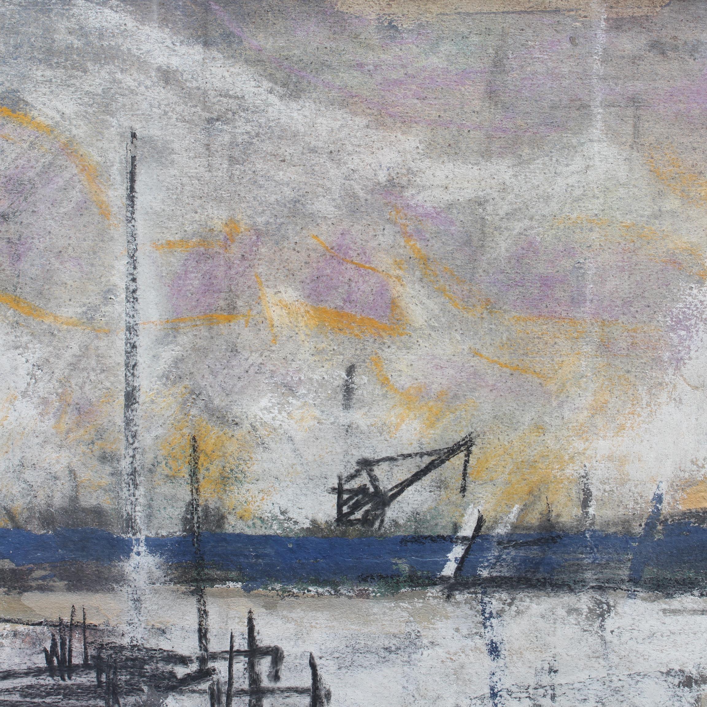 'The Port of Nice', pastel on paper, by Alfred Salvignol (1951). The simple boats and maritime cranes in this painting belie the glamour normally associated with Nice and the French Riviera in general. In this depiction, a fisherman or port worker