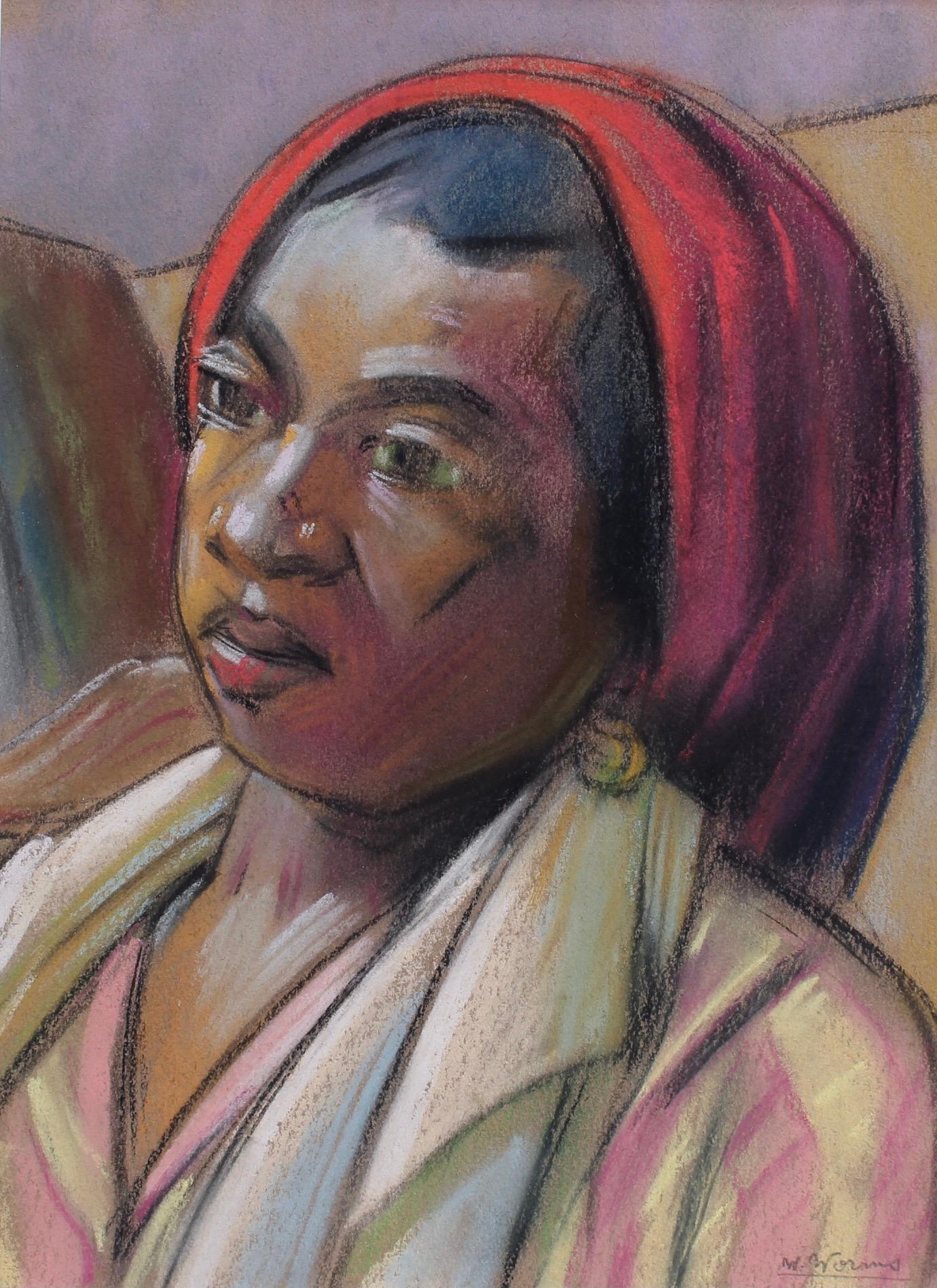 « The Red Headdress » (La coiffe rouge) de W. Worms - Gris Portrait par Unknown