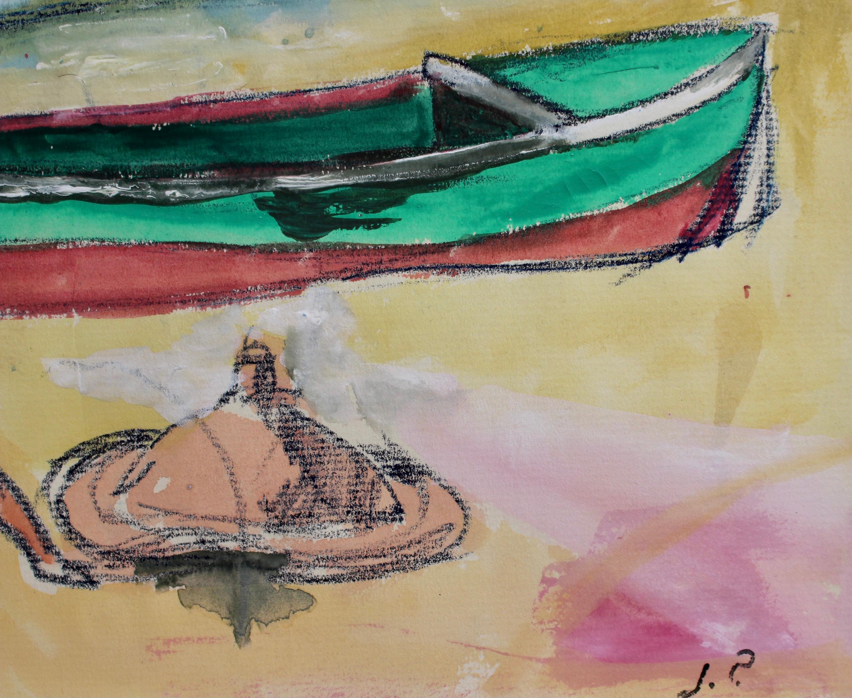 'Small Boat and Bather in Dinard', gouache and charcoal on art paper, by French artist, Jean Pons (1961). Painted in a naïve style, the piece depicts a bather nearby a beached small boat. The sea appears turbulent and the bather's posture signals