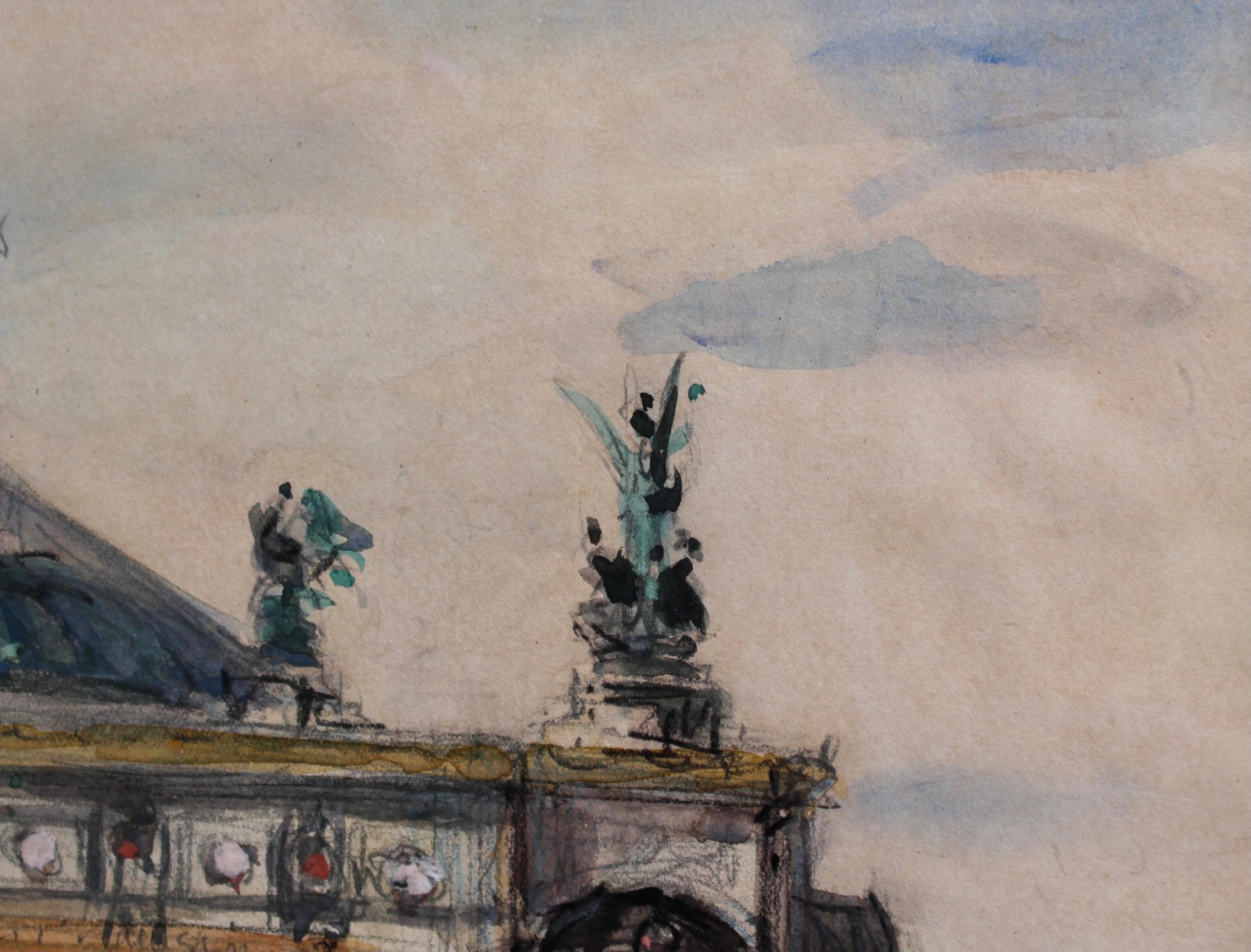 'Paris Opera House', watercolour, pencil and ink on art paper, French School, (circa 1950s). This very lively image of the Opera Garnier in Paris is gorgeously depicted. A very busy day in the square (La Place de l'Opera) in front of probably the