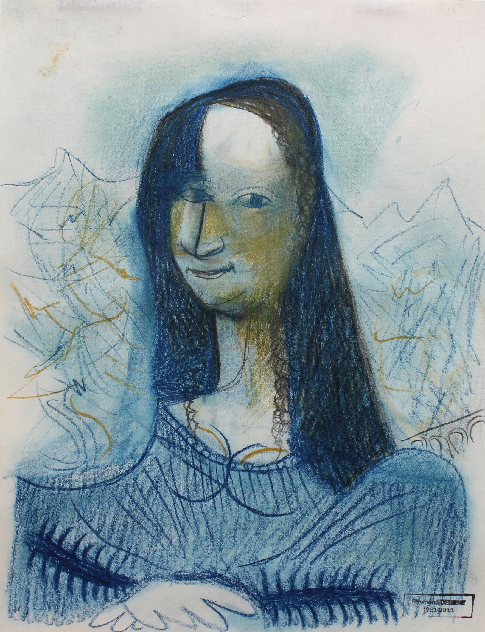 portrait de femme souriante, pastel et crayon sur papier d'art, par Raymond Debiève (vers 1970). Est-ce une version moderne de la Mona Lisa de De Vinci ? Les similitudes sont évidentes : le contour des cheveux ondulés, le front haut, le regard qui