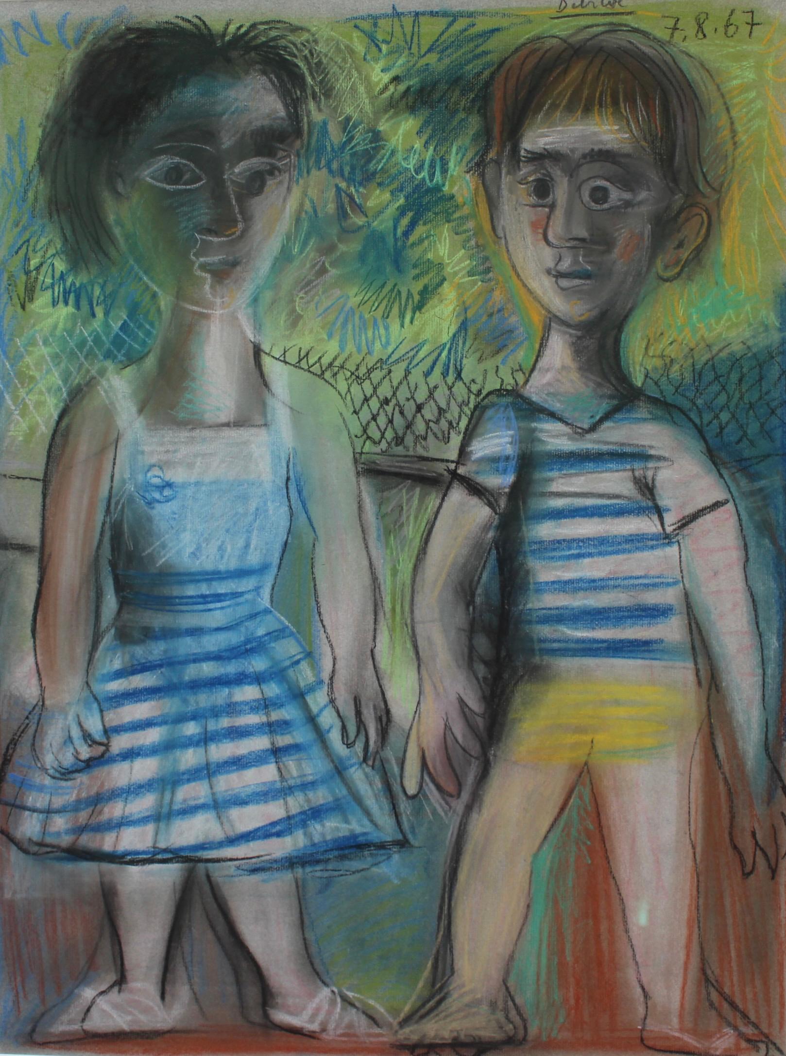 'The Kids', pastel on paper (1967), by Raymond Dèbieve. Picasso's influence is undeniable in this artwork yet Dèbieve's own naive artistic style is on display as well. Two young siblings are depicted standing in what appears to be their back garden,