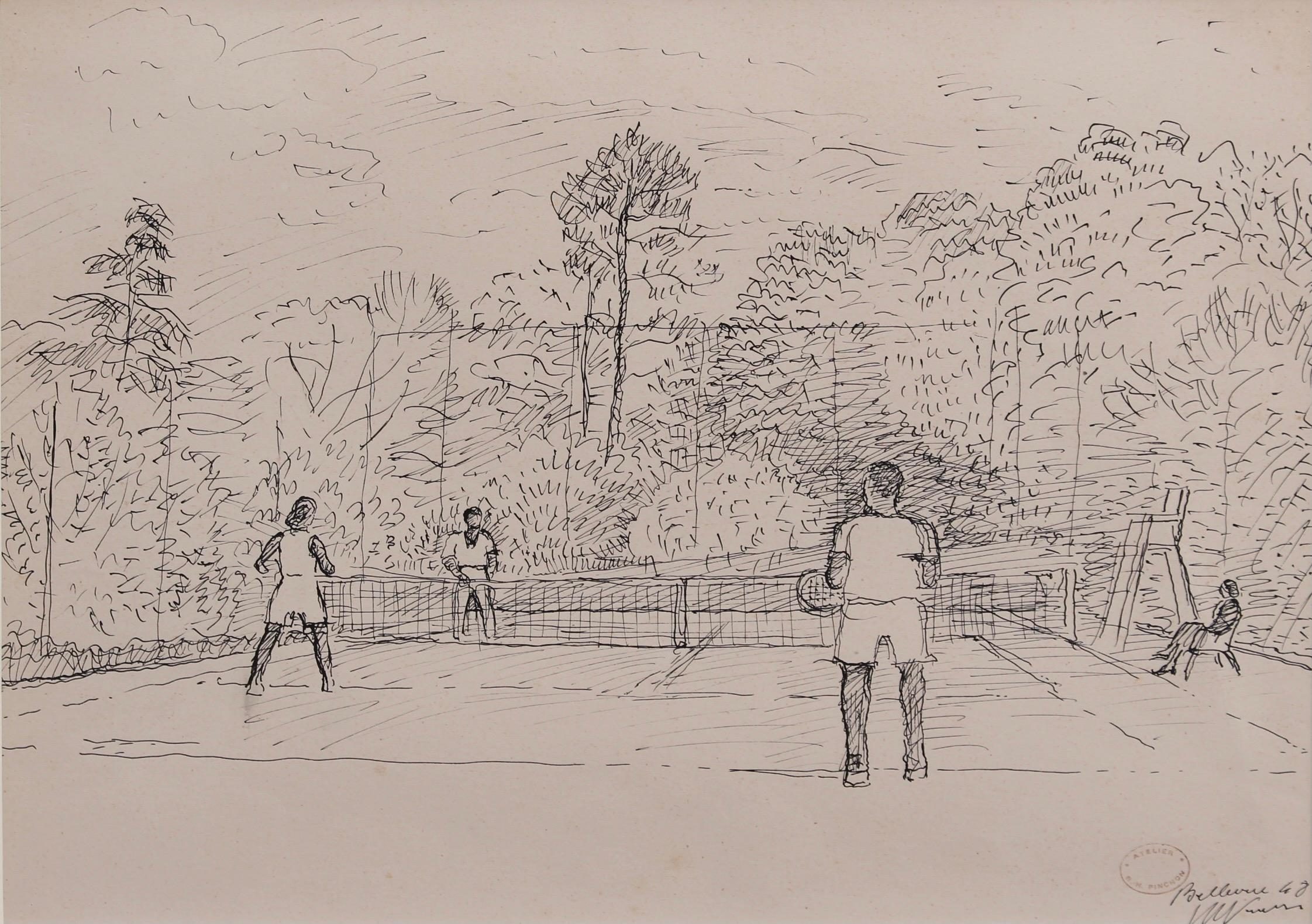 'Doubles Anyone?', encre indienne sur papier d'art, de Robert Henri Pinchon (1948). Pour les amateurs de jeu connus à l'origine sous le nom de « le Jeu de Paume », le mot contemporain de tennis a été utilisé en Angleterre au milieu du 14e siècle à
