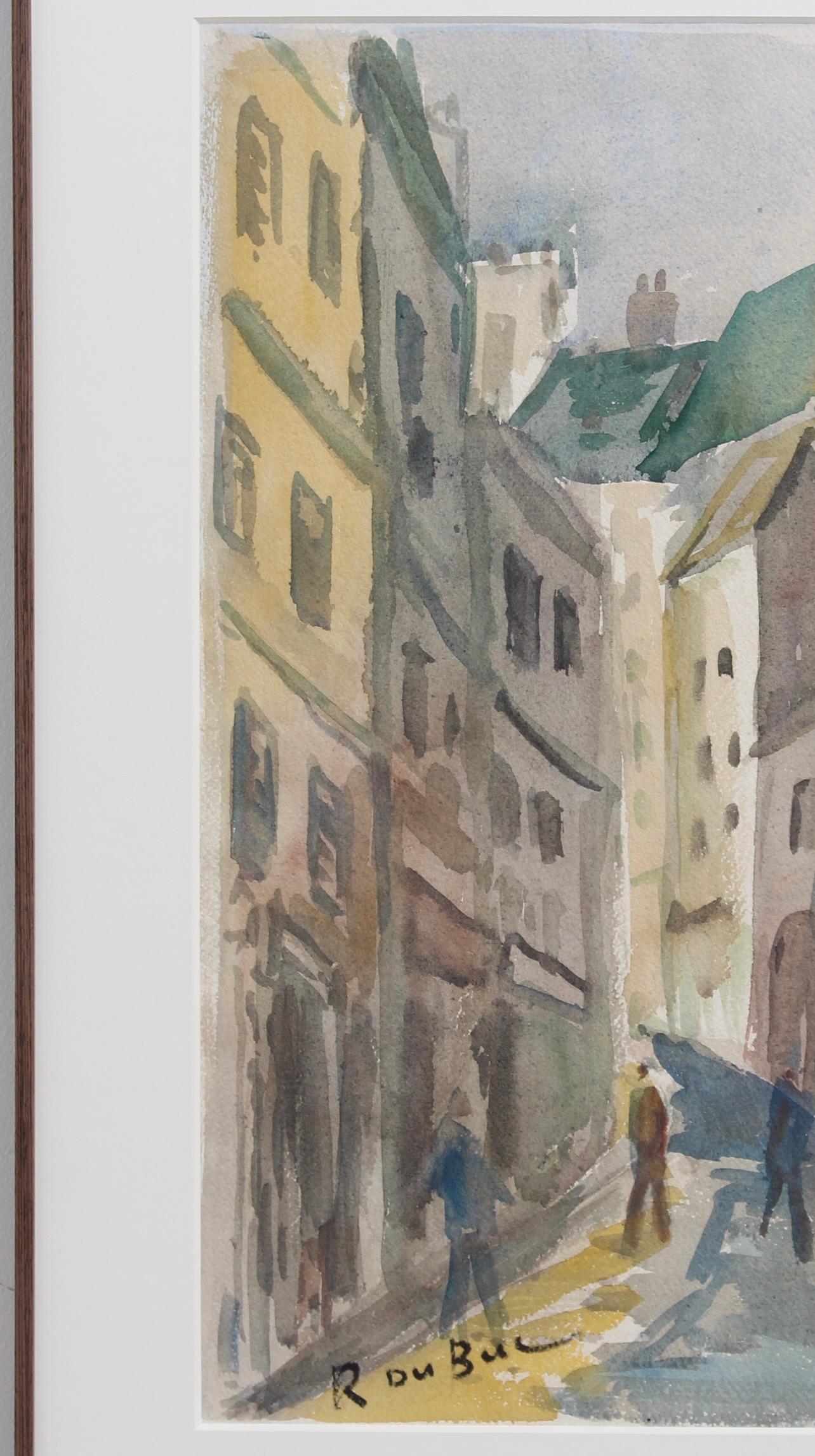 Scène de rue parisienne, aquarelle sur papier d'art, par Roland DuBuc (vers les années 1970). Cette œuvre d'art est une charmante représentation d'une rue parisienne qui gravit la colline jusqu'au quartier de Montmartre, où se trouve la basilique du