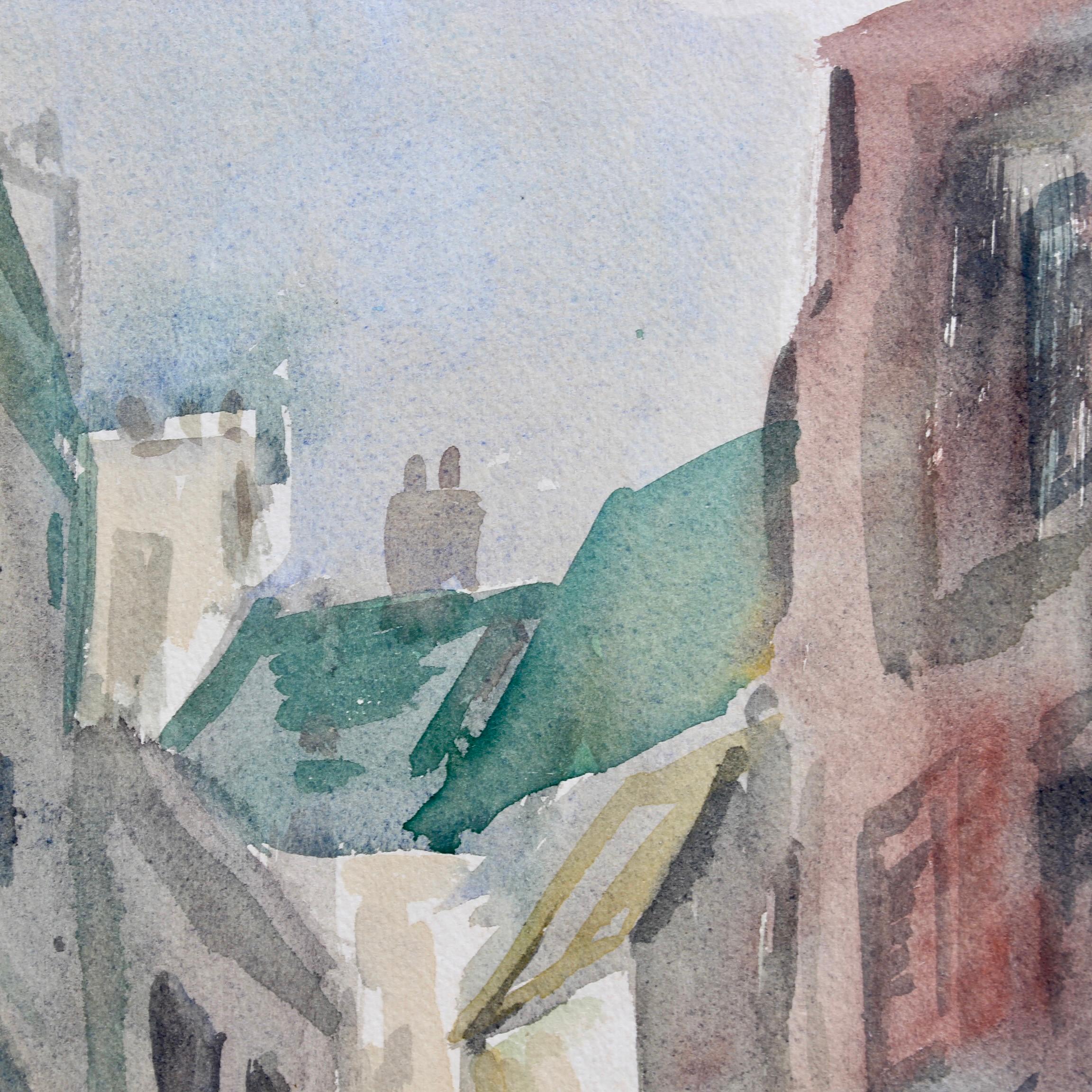 'Parisian Street Scene', watercolour on art paper, by Roland DuBuc (circa 1970s). This artwork is a delightful depiction of a Parisian street which scales the hill to the neighbourhood of Montmartre, the home of the basilica of Sacré-Cœur. DuBuc's