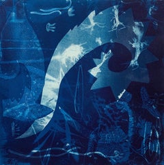 "Heirs To The Sea 1", abstract aquatic seascape monoprint, cyan blues.