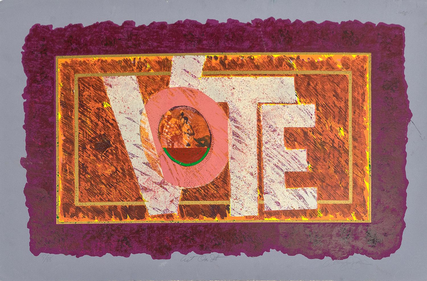 Alonzo Davis Print - "Art On J Street (VOTE)", political etching print, pink, orange, yellow, violet.