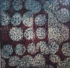 "DitDot Nine", abstract soft ground etching print, pale pink, blue, deep red.