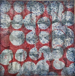 "Fabrique Five", abstract soft ground etching print, pale blue, silver, red .