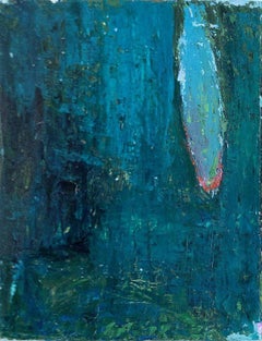 "Descrete", abstract gestural painting, deep blue, cerulean blue, green, red.