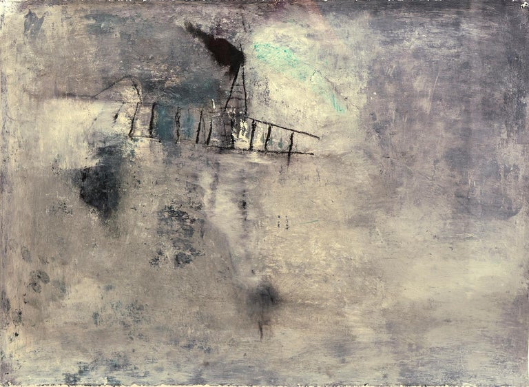"Untitled (ladder)", abstract gestural painting, warm, cool grays,blue, green . 1