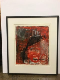 "Untitled (d)", abstract gestural painting, vermillion red, white, blue black  .