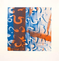 "Punctuations 1514",  abstract solar plate print, layered orange and blue.
