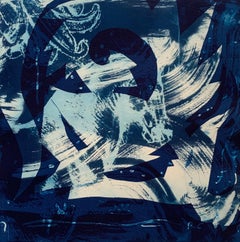 "Heirs To The Sea 2", abstract aquatic seascape monoprint, cyan blues.