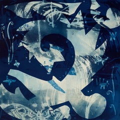 "Heirs To The Sea 3", abstract aquatic seascape monoprint, cyan blues.