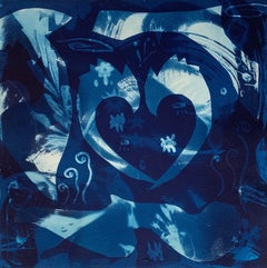 "Heirs To The Sea 7", abstract aquatic seascape monoprint, cyan blues.