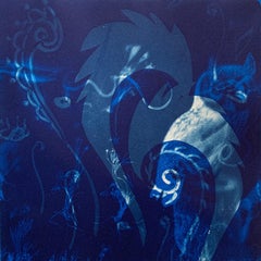 "Heirs To The Sea 11", abstract aquatic seascape monoprint, cyan blues.