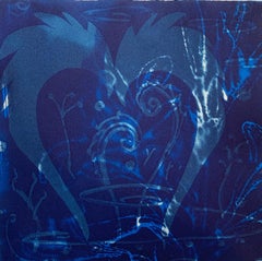 "Heirs To The Sea 12", abstract aquatic seascape monoprint, cyan blues.