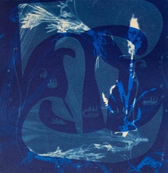 "Heirs To The Sea 13", abstract aquatic seascape monoprint, cyan blues.