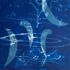 "Heirs To The Sea 14", abstract aquatic seascape monoprint, cyan blues.
