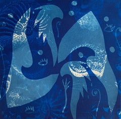 "Heirs To The Sea 16", abstract aquatic seascape monoprint, cyan blues.