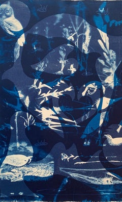 "Heirs To The Sea 21", cyan blues abstract aquatic seascape monoprint.